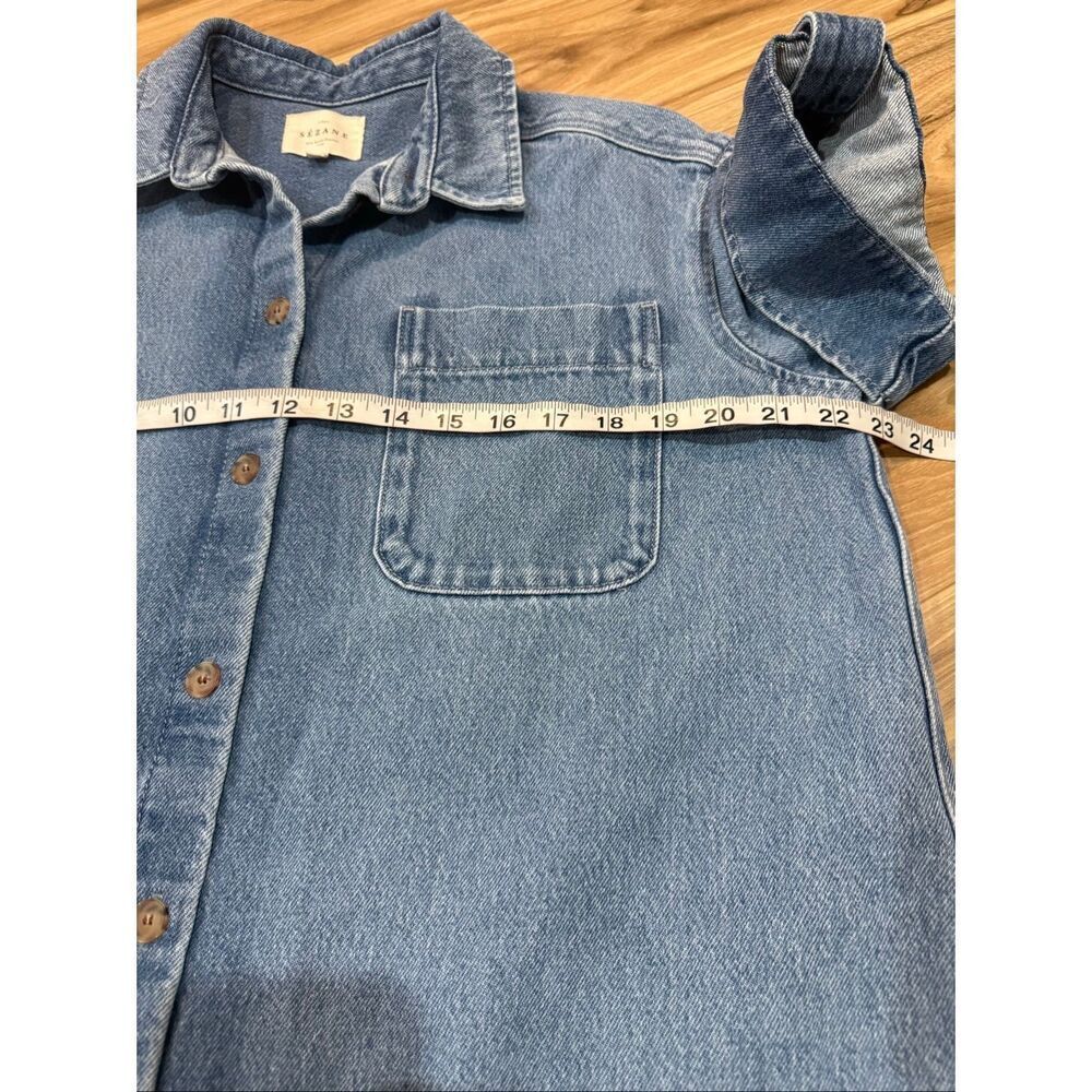 Sézane Denim Mini Short-Sleeve cotton Ana Shirt Dress oversized size 34 - Picture 8 of 9
